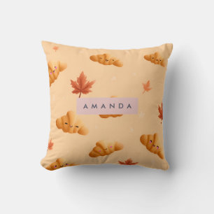 Personalized Cute Fall Croissant Café Leaves Throw Pillow