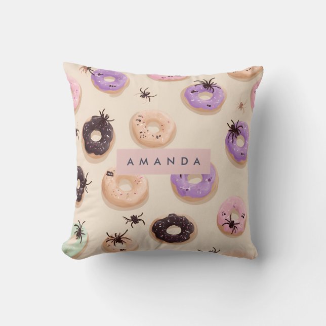 Personalized Cute Fall Halloween Doughnut Spider Throw Pillow (Front)