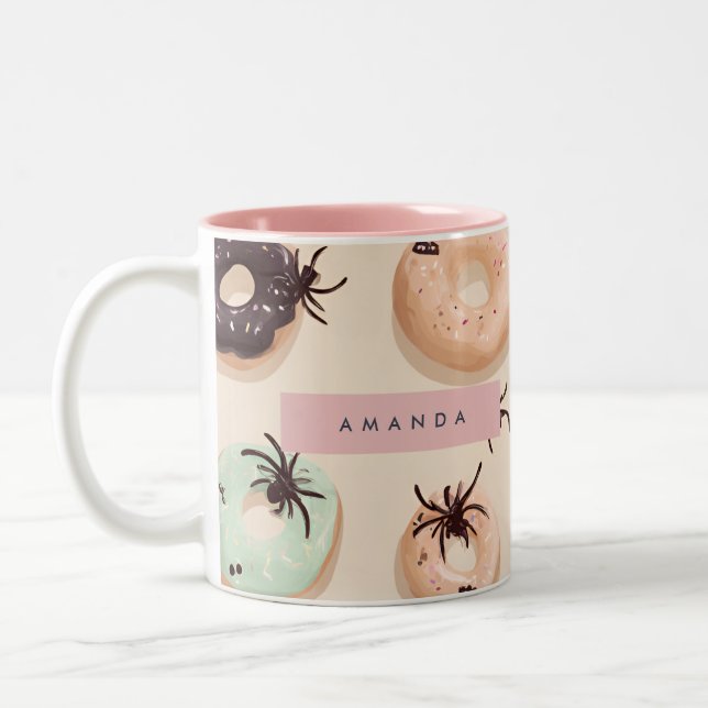 Personalized Cute Fall Halloween Doughnut Spider Two-Tone Coffee Mug (Left)