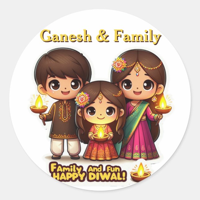 Personalized Cute Family in Diwali Attire   Classic Round Sticker (Front)
