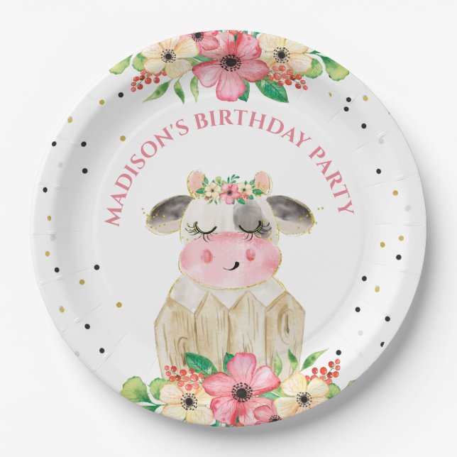 Personalized Cute Farm Cow Paper Birthday Plate (Front)