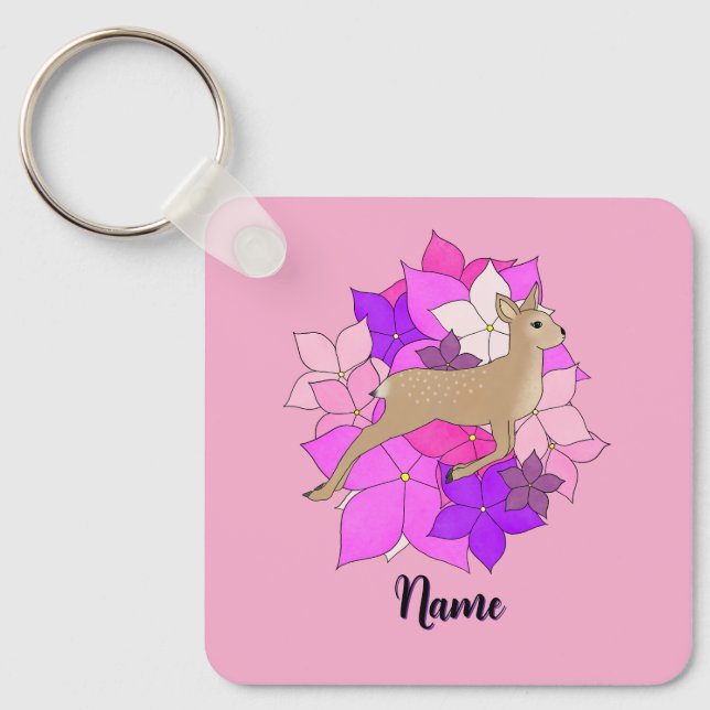 Personalized Cute Fawn and Flowers Pink Keychain (Front)