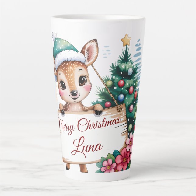 Personalized Cute Fawn Deer Merry Christmas Latte Mug (Front)