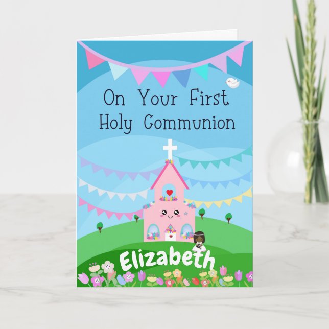 Personalized cute First Holy Communion Card -girl (Front)