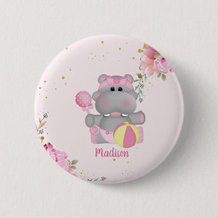 Personalized Cute Floral Hippo Baby Shower Button