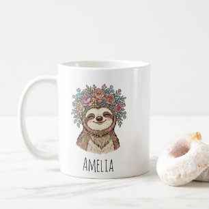 Personalized Cute Floral Sloth with Flower Crown   Coffee Mug
