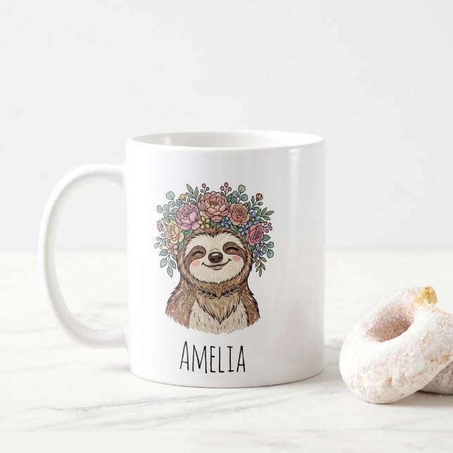 Personalized Cute Floral Sloth with Flower Crown   Coffee Mug (With Donut)