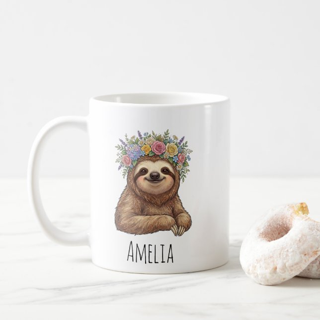 Personalized Cute Floral Sloth with Flower Crown   Coffee Mug (With Donut)
