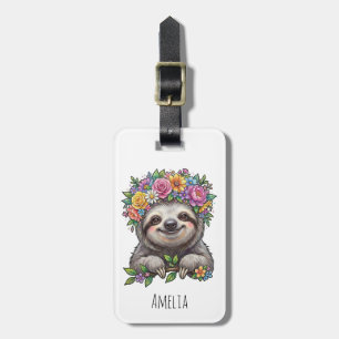 Personalized Cute Floral Sloth with Flower Crown   Luggage Tag