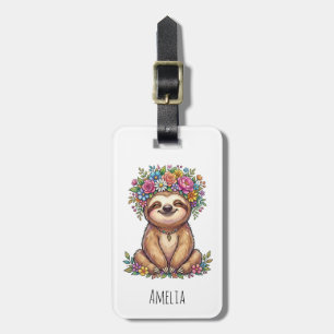 Personalized Cute Floral Sloth with Flower Crown   Luggage Tag