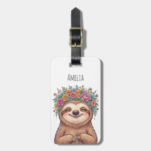 Personalized Cute Floral Sloth with Flower Crown   Luggage Tag
