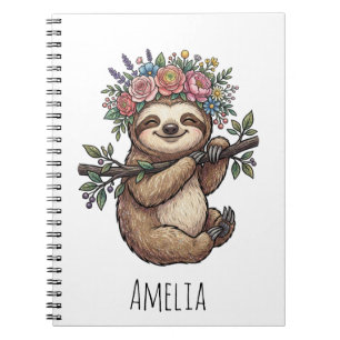 Personalized Cute Floral Sloth with Flower Crown   Notebook