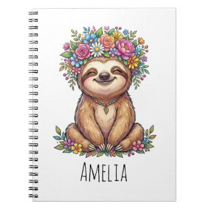 Personalized Cute Floral Sloth with Flower Crown   Notebook
