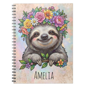 Personalized Cute Floral Sloth with Flower Crown Notebook