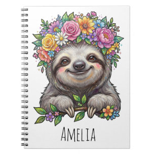 Personalized Cute Floral Sloth with Flower Crown   Notebook