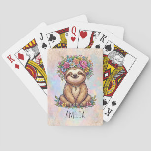 Personalized Cute Floral Sloth with Flower Crown Playing Cards