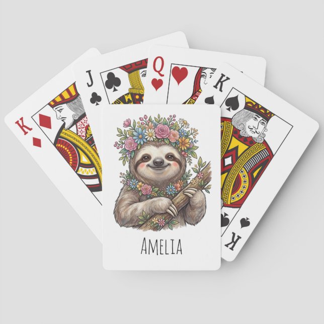 Personalized Cute Floral Sloth with Flower Crown   Playing Cards (Back)