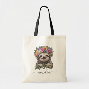 Personalized Cute Floral Sloth with Flower Crown   Tote Bag
