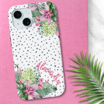 Personalized Cute Floral Tropical Name iPhone 15 Case<br><div class="desc">Relax and unwind with this cute floral phone case! A tropical design that embraces the tranquil beauty of nature mixed with a playful edge that is sure to help you relax and have fun every day. A blend of calming green tropical leaves, including banana leaves, palms, monstera leaves, and pink...</div>