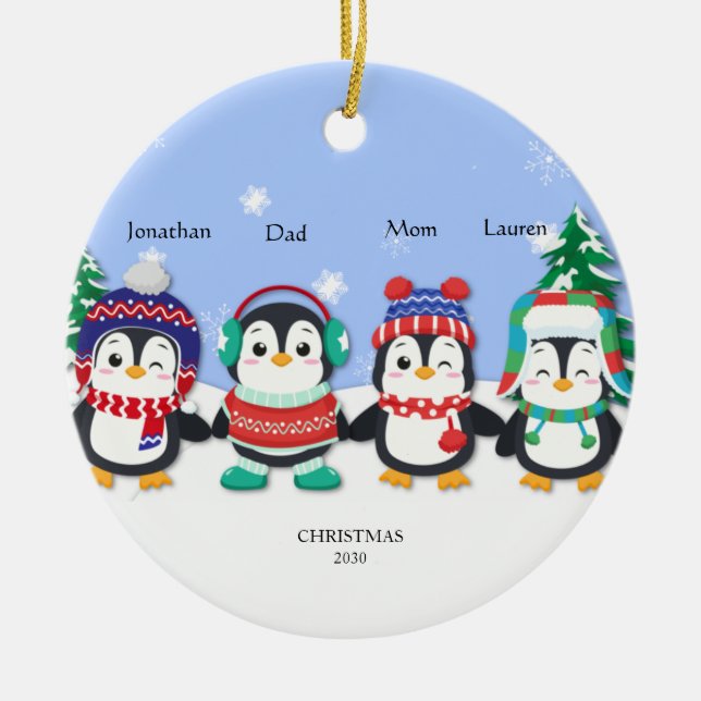 Personalized Cute  Four Penguin  Snow Scene  Ceram Ceramic Ornament (Front)