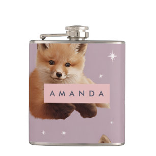 Personalized Cute Fox and Hot Cocoa Pattern Hip Flask