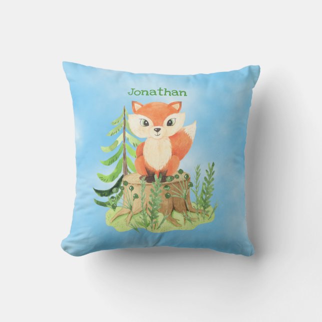 Personalized Cute Fox on a Stump Throw Pillow (Front)