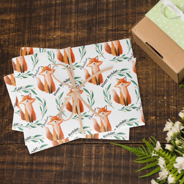 Personalized Cute Fox woodland birthday Wrapping Paper Sheet (Creator Uploaded)