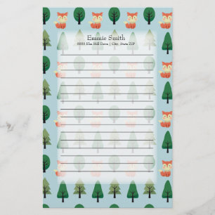 Personalized Cute Foxes and Trees on Blue Stationery