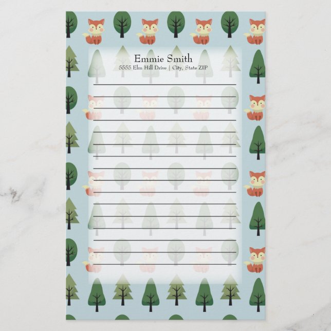 Personalized Cute Foxes and Trees on Blue Stationery (Front)