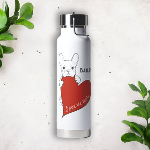 Personalized Cute Frenchie Dog with a Red Heart Water Bottle