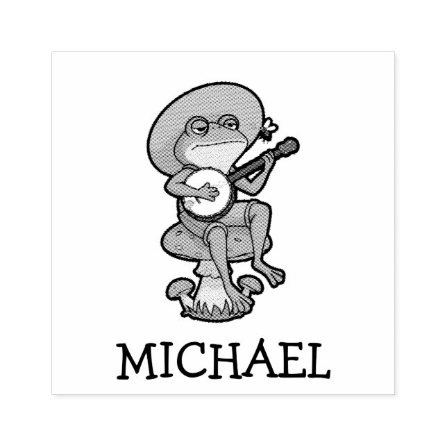 Personalized Cute Frog Playing Banjo on Mushroom Rubber Stamp (Imprint)