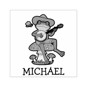 Personalized Cute Frog Playing Banjo on Mushroom Rubber Stamp