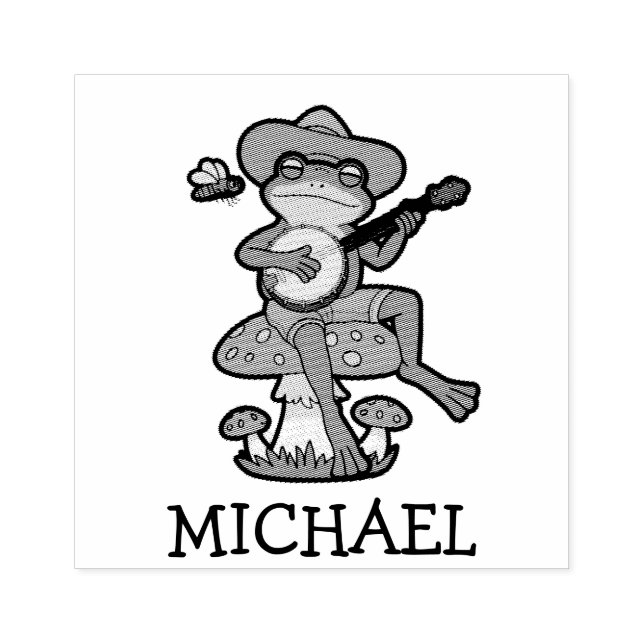 Personalized Cute Frog Playing Banjo on Mushroom Rubber Stamp (Imprint)