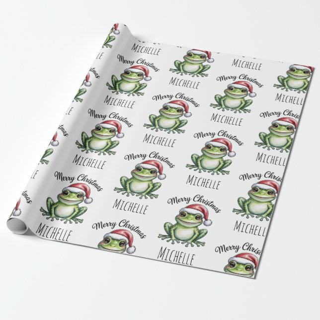 Personalized Cute Frog Santa Hat Christmas         Wrapping Paper (Unrolled)