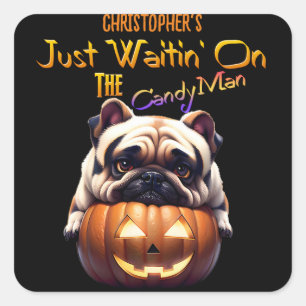 Personalized Cute Funny Halloween Pug Puppy Candy Square Sticker