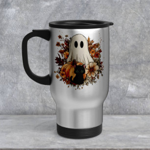 Personalized Cute Ghost and Black Cat Autumn Mug
