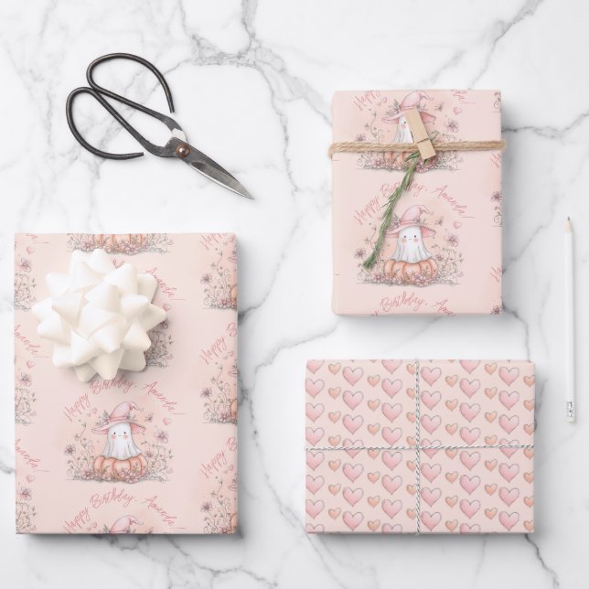 Personalized Cute Ghost Birthday Wrapping Paper Sheet (Front)