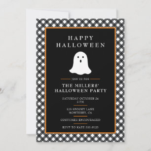 Personalized Cute Ghost Gingham Halloween Party Invitation