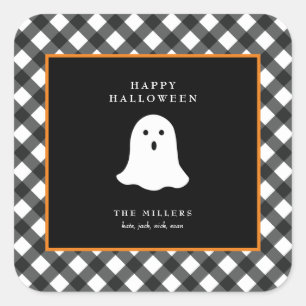 Personalized Cute Ghost Halloween Gingham Square Sticker