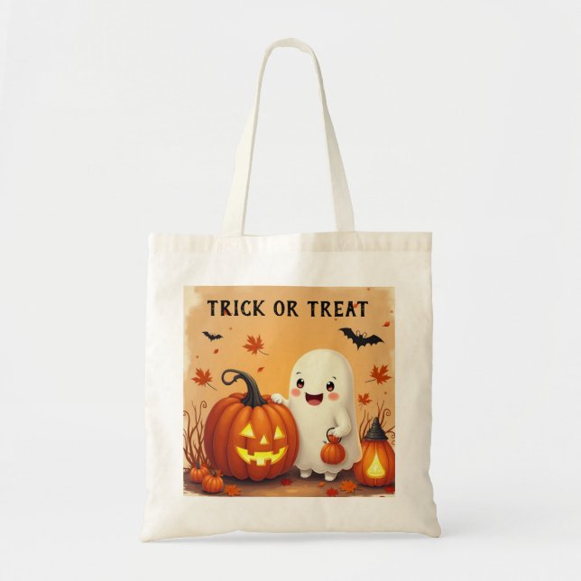 Personalized Cute Ghost & Pumpkin Halloween Tote – Bag (Front)