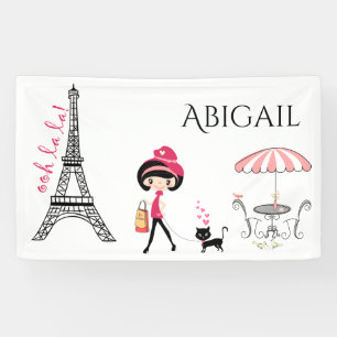 Personalized Cute Girl and Cat Eiffel Tower Paris Banner