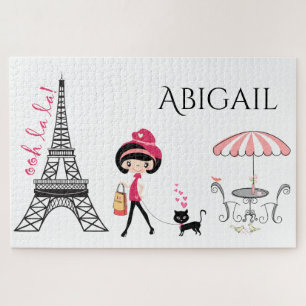 Personalized Cute Girl and Cat Eiffel Tower Paris Jigsaw Puzzle