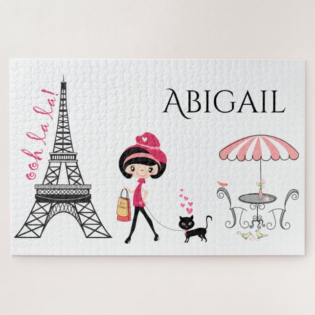 Personalized Cute Girl and Cat Eiffel Tower Paris Jigsaw Puzzle (Horizontal)