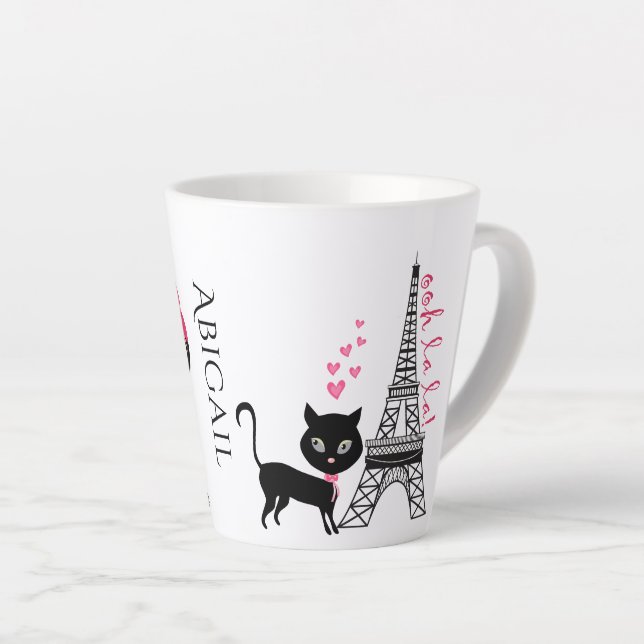 Personalized Cute Girl and Cat Eiffel Tower Paris Latte Mug (Right Angle)