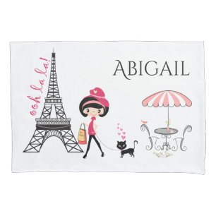 Personalized Cute Girl and Cat Eiffel Tower Paris Pillowcase