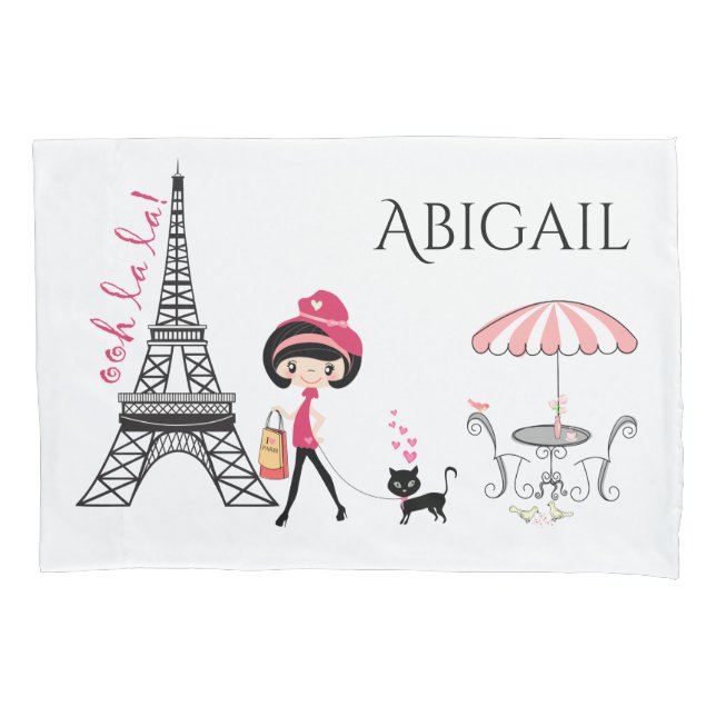 Personalized Cute Girl and Cat Eiffel Tower Paris Pillowcase (Front)