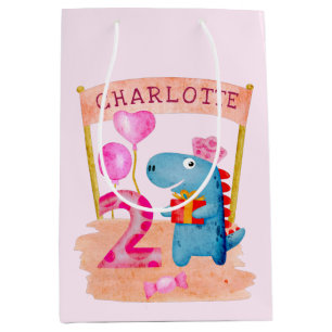 Personalized Cute Girly Dinosaur 2 Years Birthday Medium Gift Bag