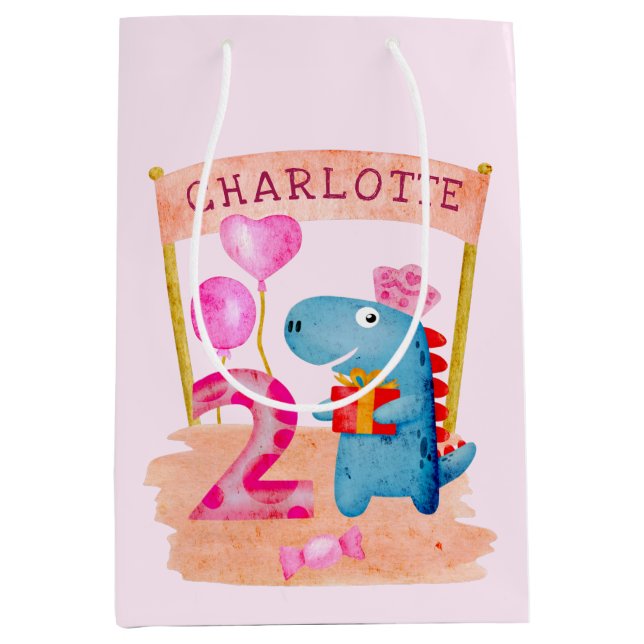 Personalized Cute Girly Dinosaur 2 Years Birthday Medium Gift Bag (Front)