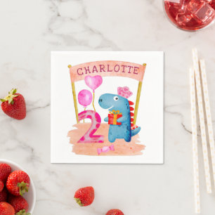 Personalized Cute Girly Dinosaur 2 Years Birthday Napkin