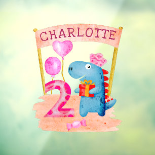 Personalized Cute Girly Dinosaur 2 Years Birthday Window Cling